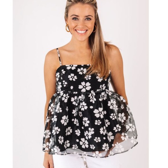 Storia Tops - Storia Black and White Floral Tank Top